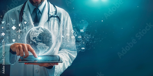 Doctor using tablet pc with global medical network concept. 3D rendering