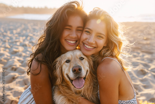 Lesbian couple with a dog on the beach photo