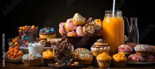 a table filled with various types of junk food, emphasizing their ultra processed nature and high calorie content.The composition should convey the concept of low nutritional value