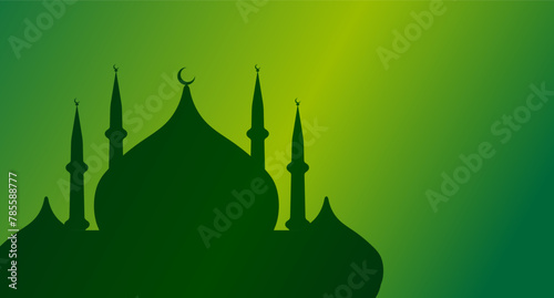 Beautiful green Muslim background with silhouette of mosque, towers. Postcard with copy space.
