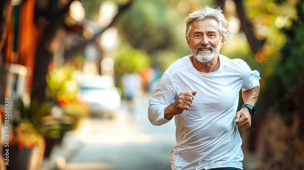Senior athlete running along a path in the park Senior athlete running along a path in the park