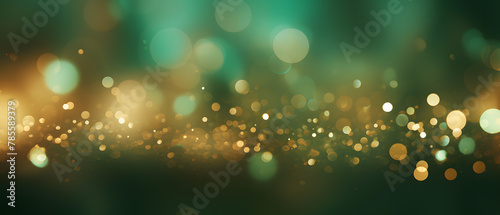 Abstract blur bokeh banner background, gold bokeh on defocused emerald green background banner