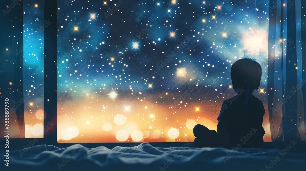 Child silhouette gazing at starry night sky, thirsting for knowledge. - obrazy, fototapety, plakaty 