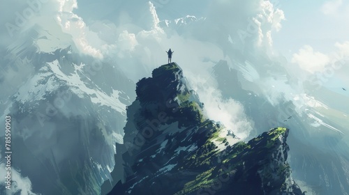 Alone figure standing atop a mountain peak, arms raised in victory, with a breathtaking vista stretching out below. photo