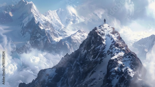Lone figure standing victorious on mountain peak, epic and dramatic. photo