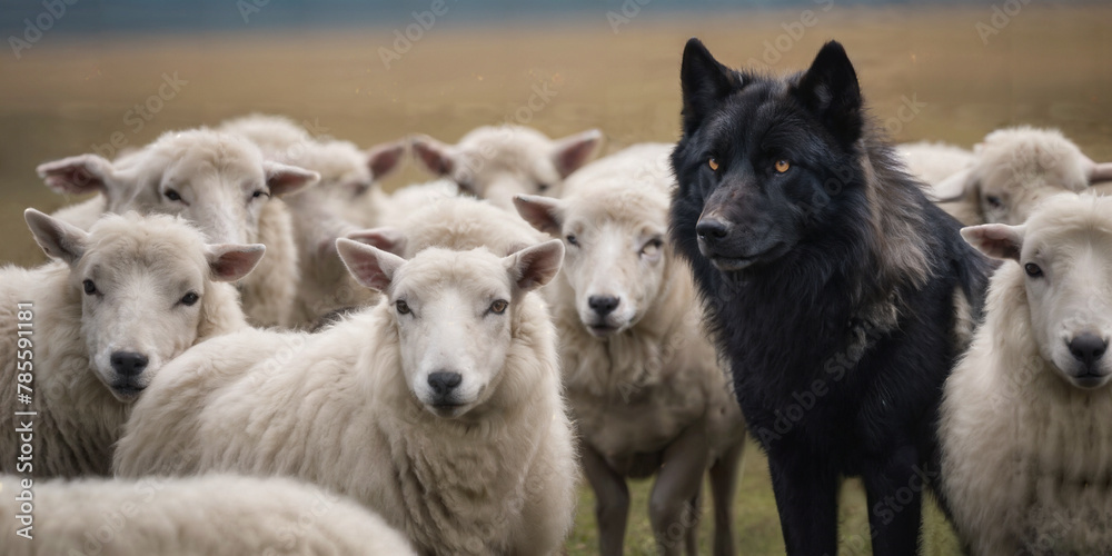 Fototapeta premium A wolf leading a pack of sheep. Black wolf in the middle of the herd.