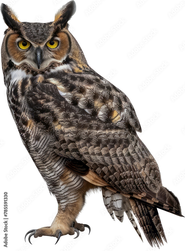 Naklejka premium Great horned owl perched profile isolated cut out png on transparent background
