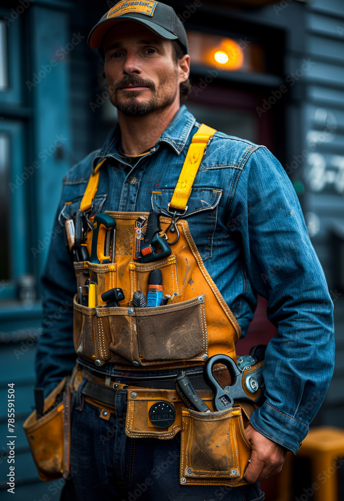 Man in denim shirt and yellow tool belt