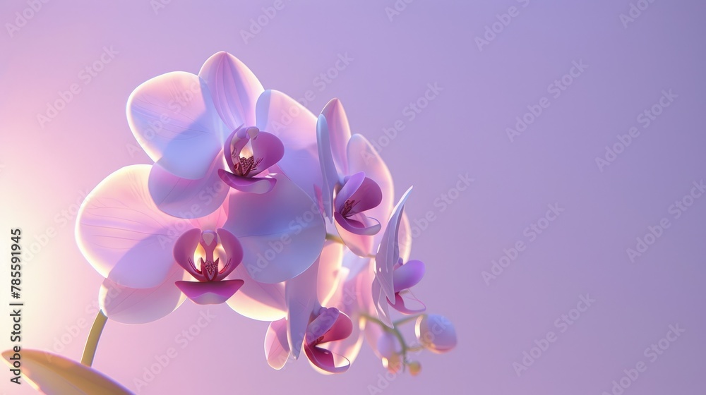 Fototapeta premium A delicate cluster of orchids bathed in a soft purple light, creating a serene and enchanting floral scene.