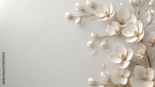 A graceful arrangement of white magnolia flowers and buds on a muted grey background, presenting a classic and sophisticated look.