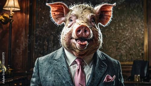 Greedy businessman in the form of a filthy disgusting pig in suit. A concept of greed and business.
