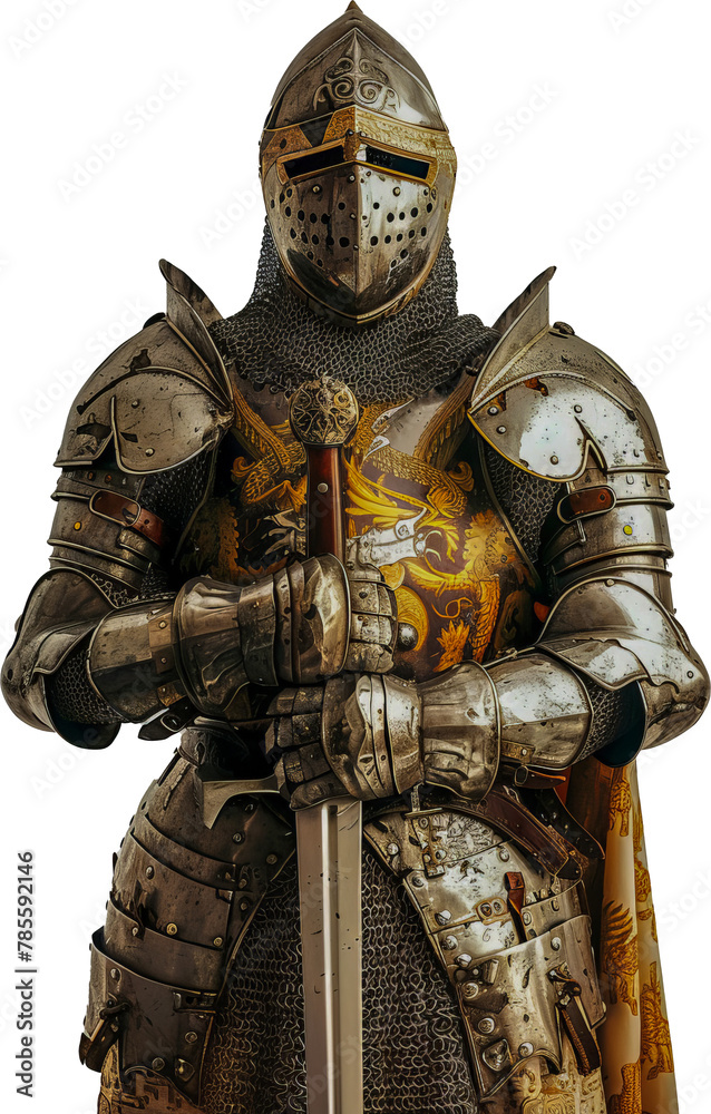 Medieval knight in full armor with sword and shield isolated cut out ...