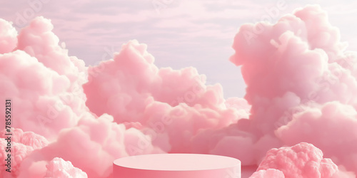 Abstraktes rosa 3D Podium für Produktpräsentation vor Hintergrund mit rosa flauschigen Wolken photo