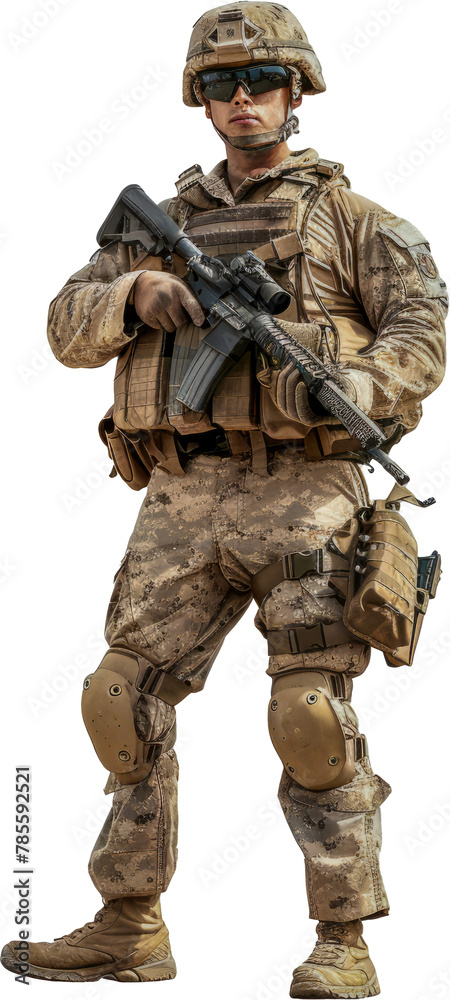 Soldier in camouflage gear holding rifle cut out png on transparent background