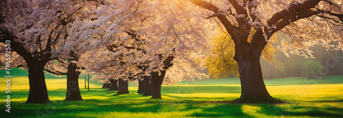 Cherry trees flowers, spring panoramic background photo