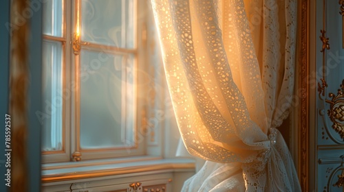 Up-close shot of delicate lace curtains billowing gently by an ornate window, casting soft li