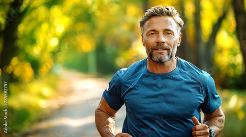 A handsome middle-aged athlete jogging in the park, The concept of a healthy lifestyle.