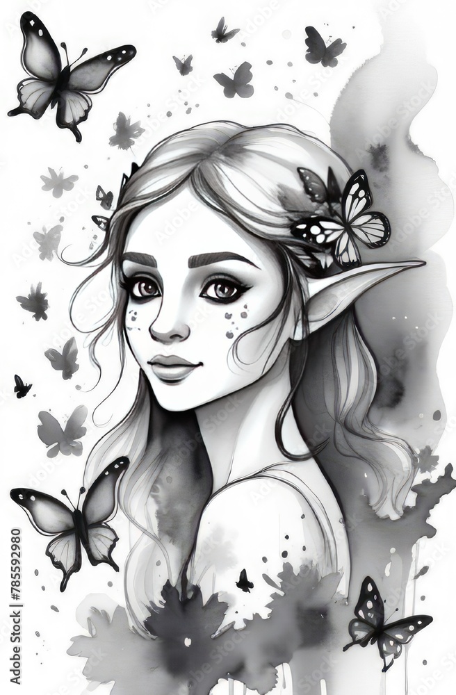 Coloring book for kids, elf girl in a blooming garden