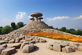 Archaeological place recovered with greenery and bed of flowers after ruin.temple of heaven and hell