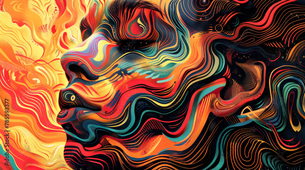 Psychedelic Portrait with Vibrant Wavy Patterns. Psychedelic Portrait with Vibrant Wavy Patterns.