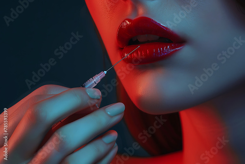 A close-up view of a female model's hand holding a needle for a lip filler treatment, emphasizing the precise and delicate approach to modern cosmetic enhancements and beauty procedures.