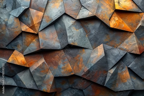 A highly textured wall with an abstract arrangement of geometrical shapes in shades of orange and grey
