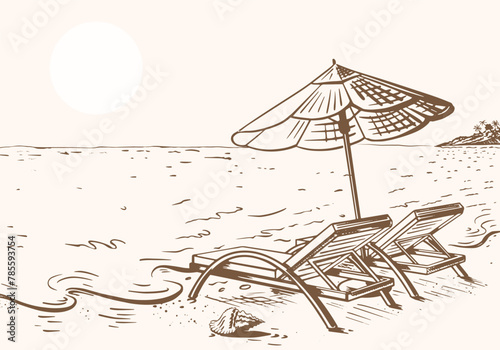 sketch summer beach sea sun chaise lounge vector