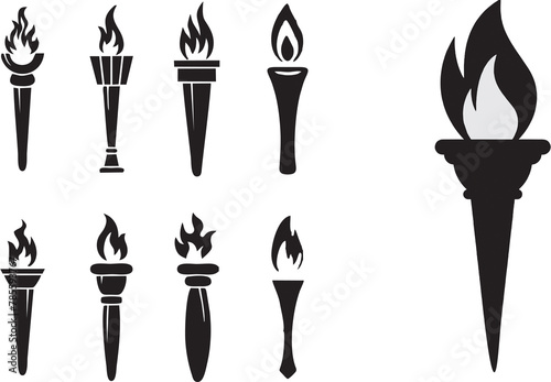 Set of traditional ancient Greek torch icons on white background. Greece runner, Sport flame. Symbol of light and enlightenment. Easy to reuse in designing poster, banner or flyer about sports. © munir