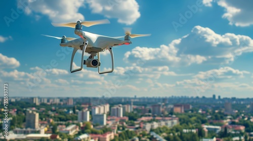 A drone soars over the city on a sunny day, capturing stunning aerial views