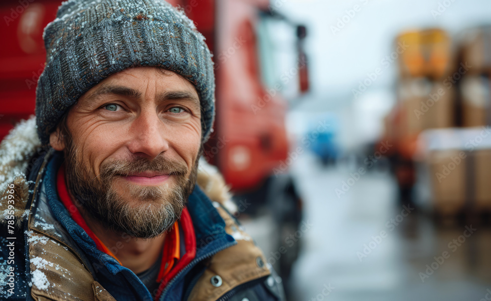 Portrait of handsome man truck driver in winter clothes Portrait of handsome man truck driver in winter clothes