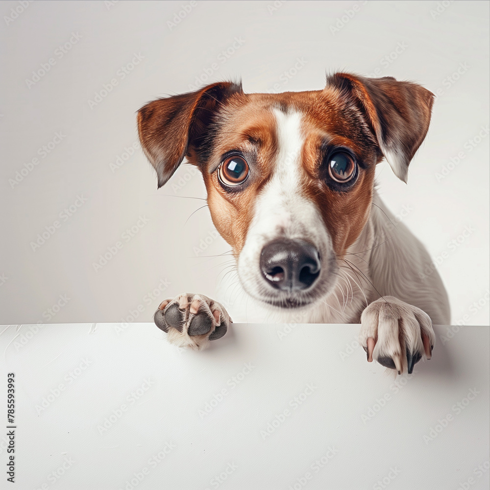 surprised dog big eyes looking from behind white long frame banner, tail and paws visible, white background