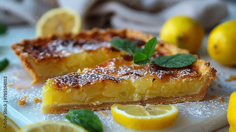 A tight shot of a pie slice on a plate, garnished with lemon slices and mint sprigs A tight shot of a pie slice on a plate, garnished with lemon slices and mint sprigs
