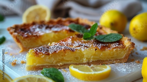  A tight shot of a pie slice on a plate, garnished with lemon slices and mint sprigs