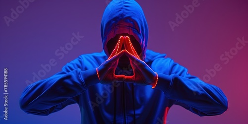 Man wearing a blue hoodie with glowing red hands in front of his face against purple background photo