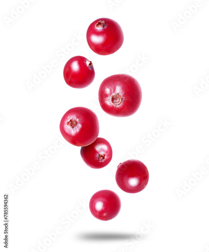 Ripe juicy cranberries close up in the air isolated on white background