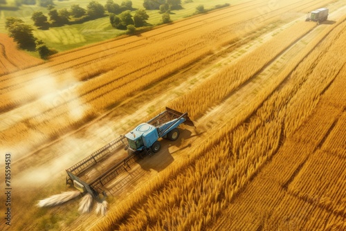 An aerial view of a combine harvester harvesting wheat at sunset