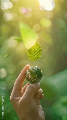 Earth globe with a green leaf on top in a landscape full of leaves in green energy concept, ecological concept, and clean environment concept. photo