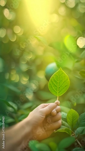 Earth globe with a green leaf on top in a landscape full of leaves in green energy concept, ecological concept, and clean environment concept. photo