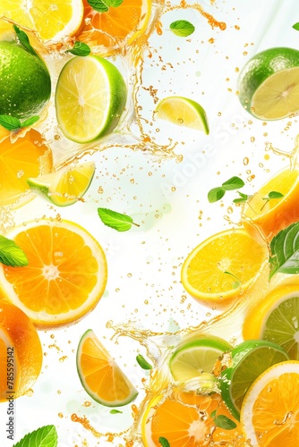 Lemon and lime fruit juice splash with mint leaves