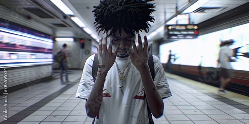urban black man standing in subway station photo