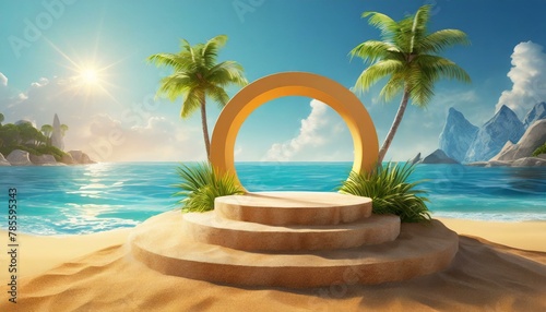 Abstract scene background. Cylinder podium on beach background. Product presentation, mock up, show cosmetic product, Podium, stage pedestal or platform.