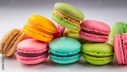 colorful macaroons on table, on a white background