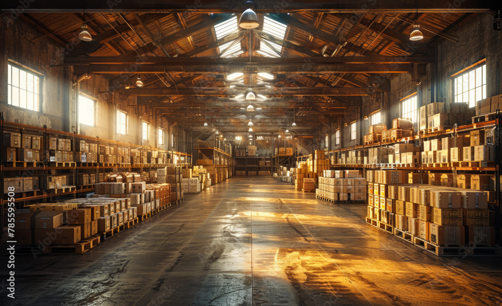 Large industrial warehouse or storage room with high shelves and pallets of goods on the floor