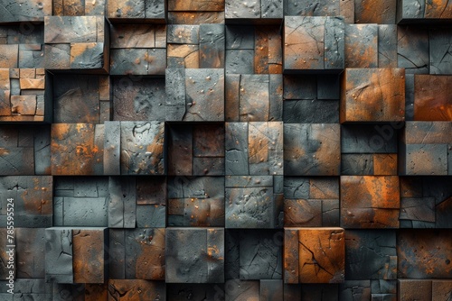 A rustic and industrial-inspired wall of textured cubes, with hints of orange rust adding to its vintage character