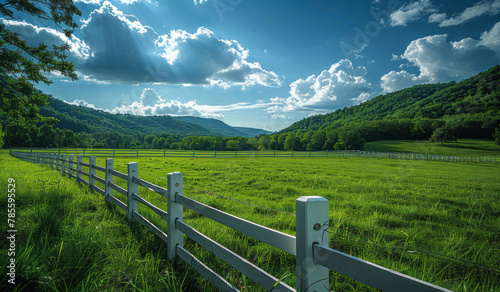White fence and green field with mountains in the background