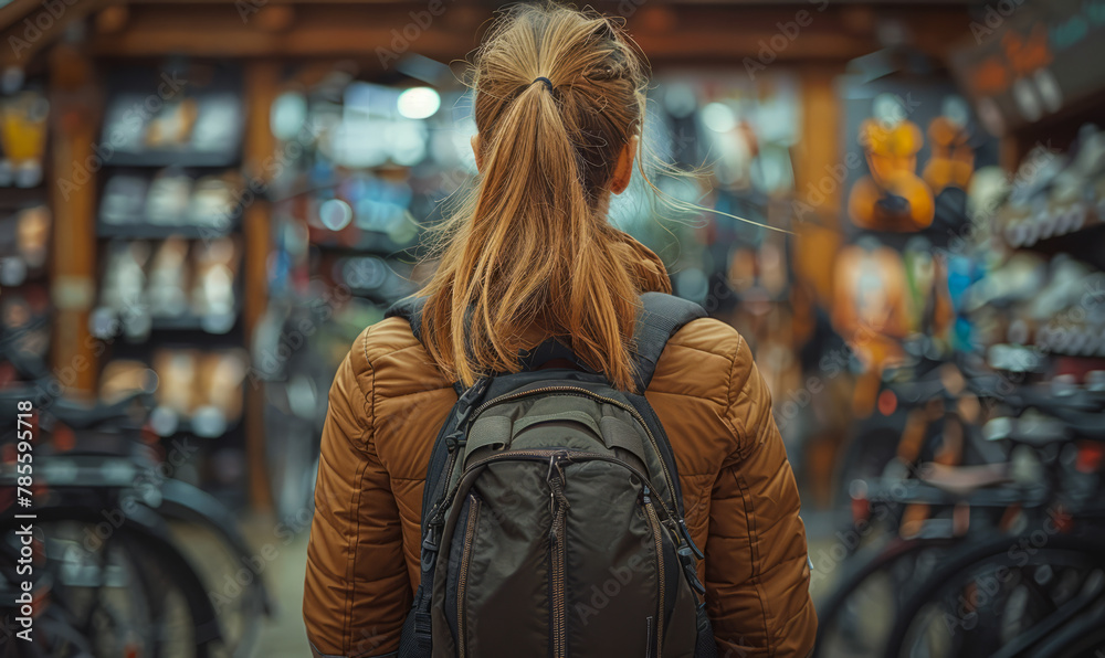 Obraz premium Young woman chooses backpack in sports shop