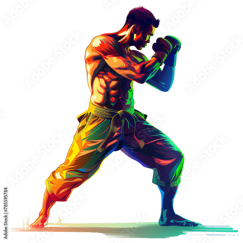 interesting angle-view pose shot. Illustration Thai art style graphic 2D flat colorful style vector gradient semi-realism gold-red-blue-green tone. Dynamic pose. A Muay Thai fighter throwing a powerfu photo