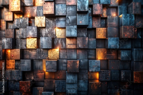 An abstract image showcasing numerous cubes with diverse orientations reflecting light differently and showing depth
