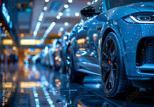 Blue luxury cars in showroom. Car in the showroom, blurry background of cars for sale © Vadim