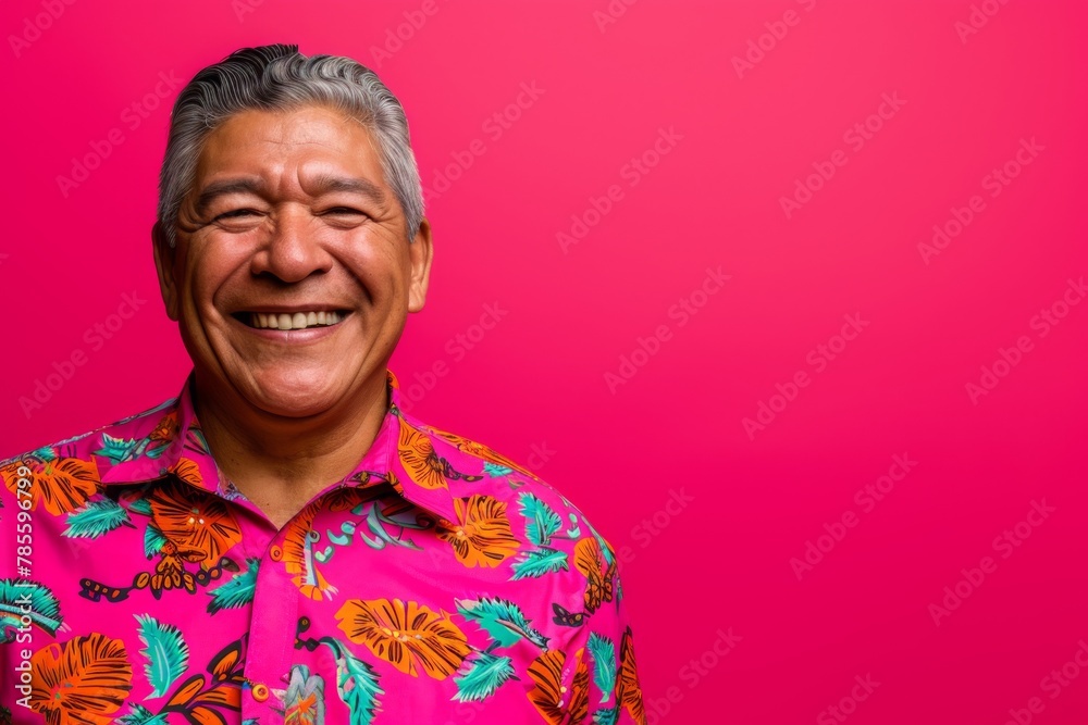 Obraz premium Joyful Senior Man in Colorful Shirt Against Pink Background